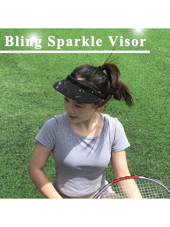 ?Women\'s Black Sun Shiny Rhinestones Clip On Visor Adjustable Bling Hats main image 4